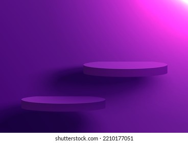 Violette, zweistufige Plattform mit Beleuchtung auf violettem Hintergrund. Pedestal-Szene mit für Produkt, Werbung, Show. Die halbkreisförmige geometrische Basis für Ihre Grafik. Vektorgrafik.