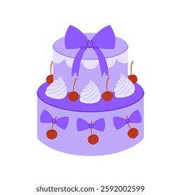 Purple two tier cake with cherries, cream and bows. Dessert for birthday, anniversary. Sweet holiday baking for banner, poster, greeting card. Vector flat illustration isolated on white background