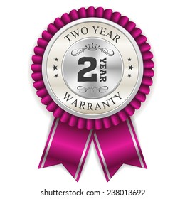 Purple two year warranty badge with silver border and ribbon