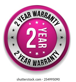 Purple two year warranty button with silver border on white background
