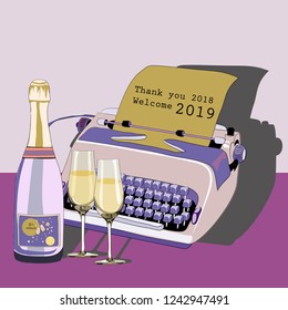 Purple typewriter with bottle of champagne and glasses. Pour feliciter 2019. Vector illustration on pink background