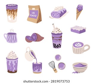 Purple Ube Collection. A set of vector purple yam products and beverages including fresh root, cake, ice cream, powder, latte, coffee, and cappuccino. Ideal for food packaging, cafe branding, recipe books, nutrition blogs, wellness content, organic food advertising, and culinary design. Vibrant violet ingredients and drinks isolated on white background for modern food presentation, menus, and marketing materials.