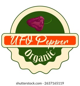 Purple UFO pepper vector illustration with 'Organic Product' text. Fresh spicy vegetable icon, colorful and modern flat design, ideal for organic food labels