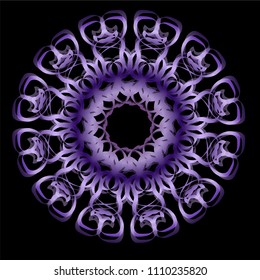 Purple ultraviolet mandala with metallic effect and 3d optical illusion, circle symmetric patterns on black background