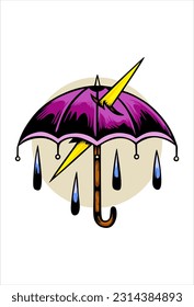 purple umbrella illustration design vector getting struck by lightning in oldschool style