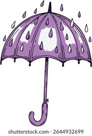 A purple umbrella is open, with raindrops falling around it.
