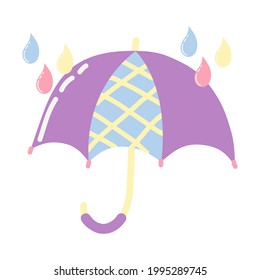 Purple umbrella with raindrops in cartoon flat style isolated on white background. Isolated icon. Decoration illustration. For children's design.