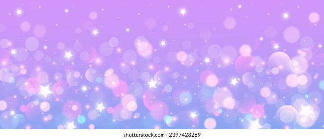 Fondo morado de unicornio. El cielo violeta pastel con estrellas brillantes y bokeh. Galaxia de fantasía con textura holográfica. Espacio mágico de mármol. Vector.