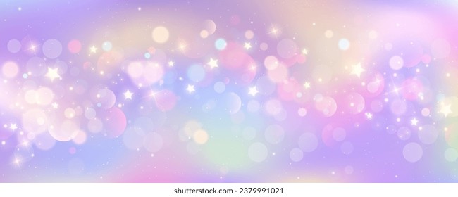 Purple unicorn background. Pastel watercolor sky with glitter stars and bokeh. Fantasy galaxy with holographic texrure. Magic marble space. Vector.