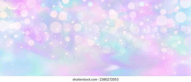 Purple unicorn background. Pastel watercolor sky with glitter stars and bokeh. Fantasy galaxy with holographic texrure. Magic marble space. Vector.