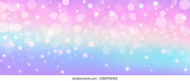 Purple unicorn background. Pastel watercolor sky with glitter stars and bokeh. Fantasy rainbow galaxy with holographic texrure. Magic marble space. Vector.