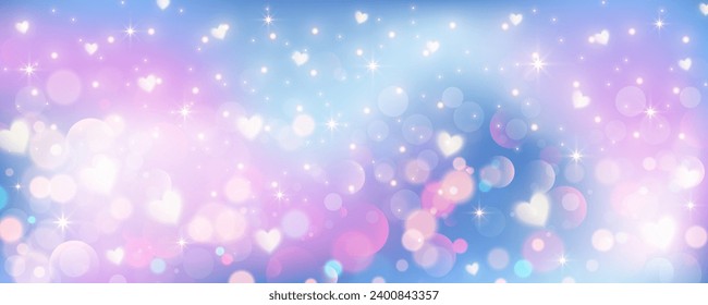 Purple unicorn background. Pastel watercolor sky with glitter stars bokeh and hearts. Fantasy galaxy with holographic texture. Magic marble space. Vector.