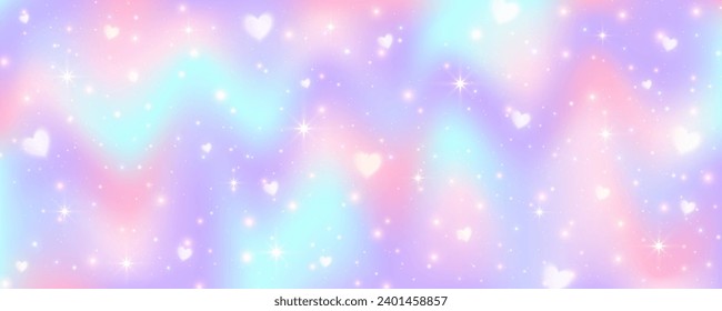 Purple unicorn background. Pastel watercolor sky with glitter stars hearts and bokeh. Fantasy galaxy with holographic texture. Magic marble wavy space. Vector.