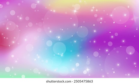 Fondo de unicornio púrpura. Cielo de acuarela pastel con estrellas brillantes y bokeh. Galaxia de fantasía con textura holográfica. Espacio mágico de mármol. Vector.