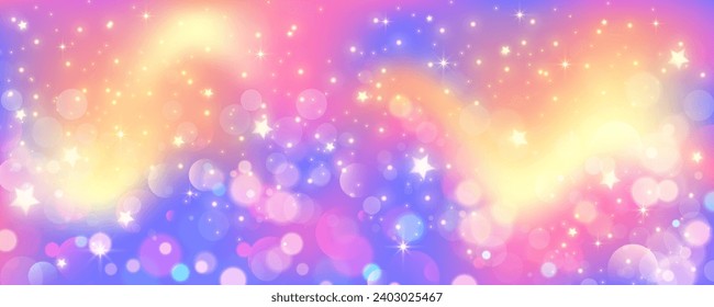 Fondo morado de unicornio. El cielo color azul ondulado pastel con estrellas brillantes y bokeh. Galaxia de fantasía con textura holográfica. Espacio mágico de mármol. Vector.