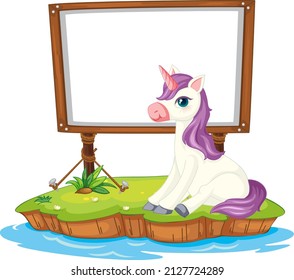 Purple unicorn with empty board  illustration