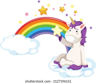 Purple unicorn sitting on a cloud with rainbow  illustration