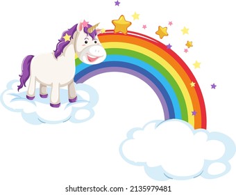 Purple unicorn standing on a cloud with rainbow illustration