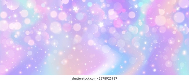 violetter, unscharfer Hintergrund. Pastellfarbener Himmel mit glänzenden Sternen und Bokeh. Fantasy-Galaxie mit holografischer Struktur. Magischer Marmorraum. Vektorgrafik.