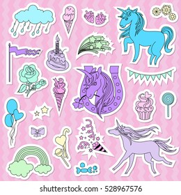 Purple unicorns with candy, flag and stars on a pink background.
