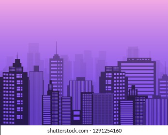 Purple Urban landscape with infographic elements. Smart city. Modern city. Concept website template. Vector illustration.