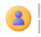 Purple user profile sign on yellow circle button. User profile, contact. Social media, communication, identity, account management and user interface concept. 3d vector icon. Cartoon minimal style.