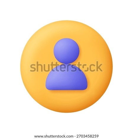 Purple user profile sign on yellow circle button. User profile, contact. Social media, communication, identity, account management and user interface concept. 3d vector icon. Cartoon minimal style.