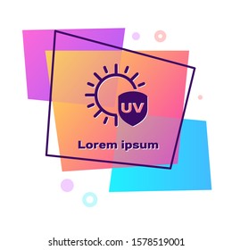 Purple UV protection icon isolated on white background. Sun and shield. Ultra violet rays radiation. SPF sun sign. Color rectangle button. Vector Illustration