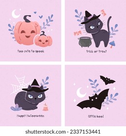 Violette leere Karten für Halloween Party - Schwarze Katzen mit Hexenhüten, süße Kürbisse, Blätter. Illustrationen von Kindern und Kleinkindern