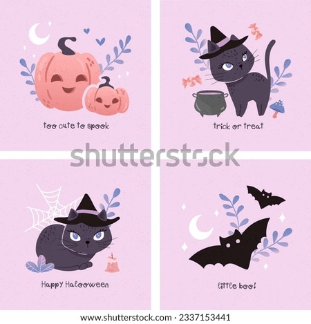 Purple vactor simle cards for Halloween Party - Black Cats with witch hats, cute pumpkins, leaves. Baby and kids illustrations