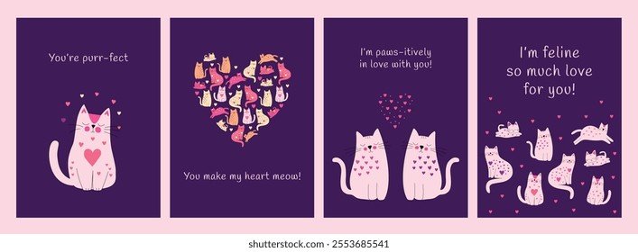 Purple Valentine Card Designs with Cute Cats