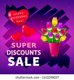 
Purple Valentine with red hearts in the form of balloons and with a bouquet of flowers, super discount sale on Valentine's Day