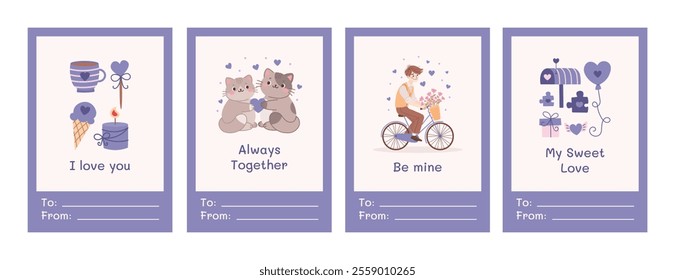 Purple valentines collection. Greeting card for valentine's day set. Vector illustration with romantic elements, guy on a bike with a basket of flowers, kitties.