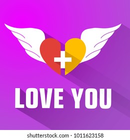 Purple valentines day background with love you headline and two halves of a winged heart vector illustration