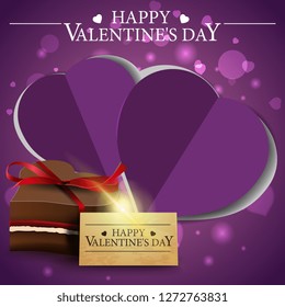 Purple Valentine's Day greeting card with chocolate candy
