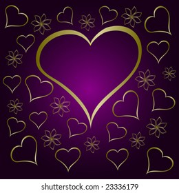 Ilustración vectorial de valentinas moradas con un marco de gran corazón rodeado de pequeños corazones dorados y flores con espacio para texto