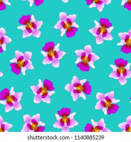 Purple Vanda Miss Joaquim Orchid on Green Teal Background. Singapore National Flower. Vector Illustration.