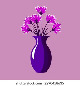 purple vase with purple flowers on a pink background