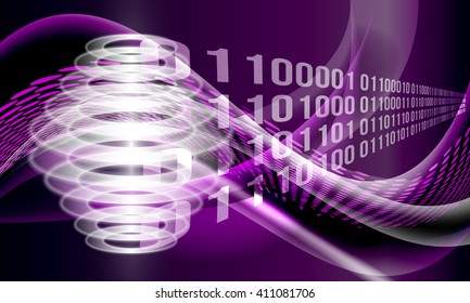 Purple vector abstract background with lines and waves and binary code