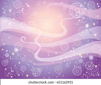 Purple vector background with circles, snowflakes and flowers.