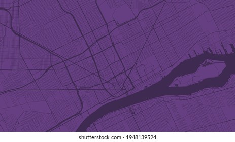 Purple vector background map, Detroit city area streets and water cartography illustration. Widescreen proportion, digital flat design streetmap.