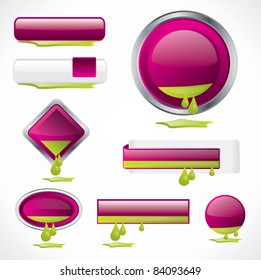 Purple vector buttons in different shapes and design with green ink running out from them