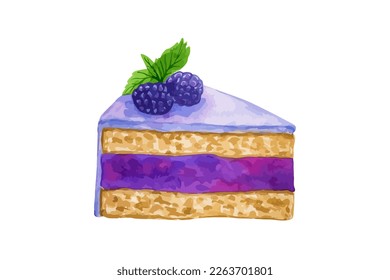 Purple vector cake with blackberry and icing. Hand drawn watercolor food pastry illustration for menu, cafe. Isolated on white background.