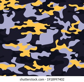 
Purple vector camouflage yellow spots seamless print. Beautiful modern stylish design.