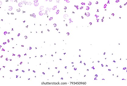 Purple vector cover with Euro, Dollar, Yen signs. Blurred design in with symbols of EUR, USD, JPY. The pattern can be used for ad, booklets, leaflets of banks.