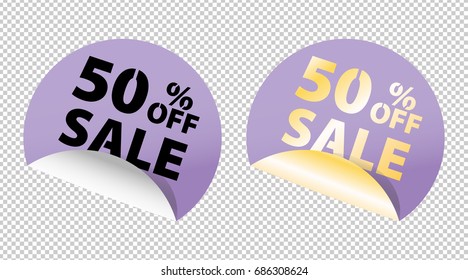 Purple vector discount label up to 50 percents. Lavender vector illustration of sale sticker with black and gold text. Two badges with silver and gold background gradient 