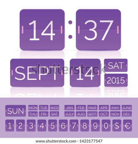 Purple vector flip calendar with scoreboard numbers and analog flat counter