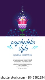 Purple vector flower. Psychedelic illustration, place for text. Acid color decor; floral ornament for flat design. Eastern style element. Arabic motifs. Decoration for cover, poster, flyer, card.