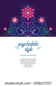 Purple vector flower. Psychedelic illustration, place for text. Acid color decor; floral ornament for flat design. Eastern style element. Arabic motifs. Decoration for cover, poster, flyer, card.