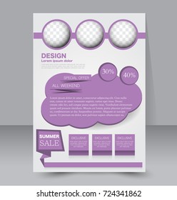 Purple vector flyer, brochure, annual report cover template. Business and education a4 design.